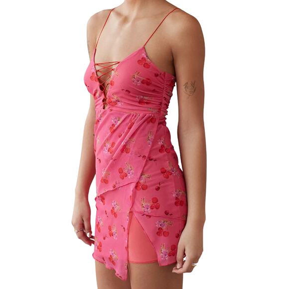 Urban Outfitters Cherry Bright Mesh Mini Dress UO Size Small Stretchy Bodycon - Picture 6 of 8